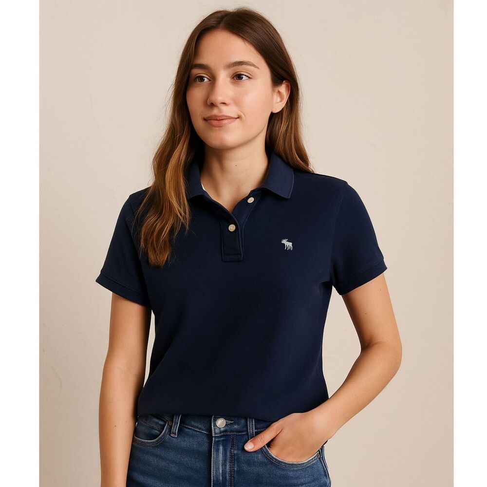 Y2k Abercrombie & Fitch Short Sleeve Polo Womens Size L 2 Button Navy Moose Logo